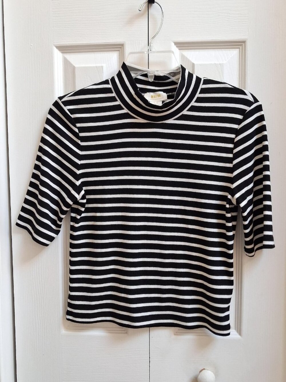 MAEVE Black/White Ribbed Mock Neck Short Sleeve Top sz M